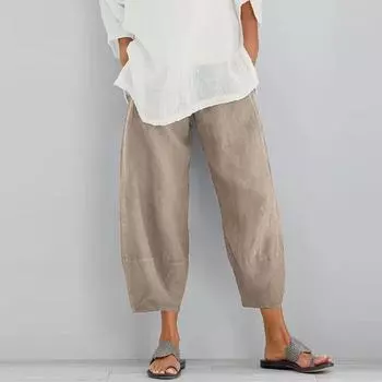 Женские широкие брюки, льняные свободные брюки, летние повседневные однотонные укороченные брюки с карманами XXL хаки