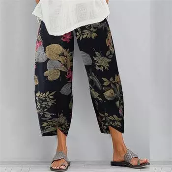 Женские широкие брюки, льняные свободные брюки, летние повседневные однотонные укороченные брюки с карманами L тёмно-синий