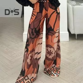 Женские широкие брюки, летние, дышащие, с цветочным принтом в стиле бохо, эластичный пояс, свободный крой, женские повседневные длинные брюки S розы красного