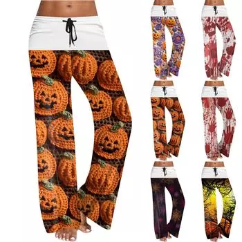 Женские широкие брюки на резинке и завязках на талии для Хэллоуина, повседневные брюки с принтом XL оранжевый
