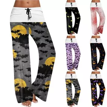 Женские широкие брюки на резинке и завязках на талии для Хэллоуина, повседневные брюки с принтом S чёрный
