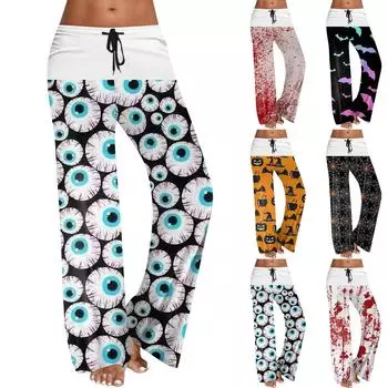 Женские широкие брюки на резинке и завязках на талии для Хэллоуина, повседневные брюки с принтом S