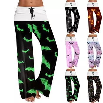 Женские широкие брюки на резинке и завязках на талии для Хэллоуина, повседневные брюки с принтом M