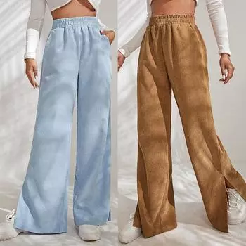 Женские широкие брюки, офисные женские свободные брюки с разрезом, осенне-зимние женские брюки с высокой талией и карманами, повседневная вельветовая одежда S чёрный