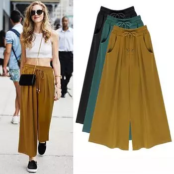 Женские широкие брюки с эластичной резинкой на талии Шикарные однотонные прямые брюки с карманами Повседневные свободные брюки Брюки с высокой талией Офисная одежда Брюки-капри M