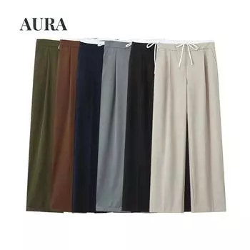 Женские широкие брюки с двойным поясом, высокая эластичная талия с боковыми карманами на шнурке, женские брюки