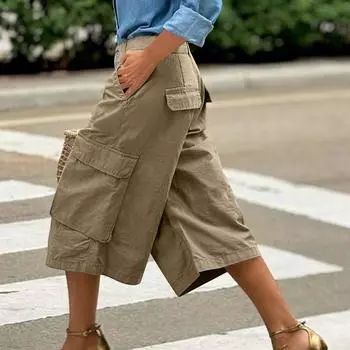 Женские широкие брюки с карманами, легкие повседневные свободные брюки с высокой талией L хаки