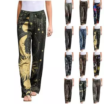 Женские широкие брюки с принтом, повседневные повседневные брюки прямого типа с длинным поясом Hugh, брюки с высокой талией M чёрный