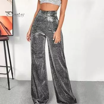 Женские широкие брюки с рисунком горячего тиснения, глянцевые длинные брюки, клубные выступления, застежка-молния, блестящие брюки S синий