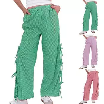 Женские широкие брюки с высокой эластичной талией, повседневные брюки в клетку с карманами L синий