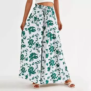 Женские широкие брюки с высокой талией, эластичные брюки-палаццо с принтом и карманами, пояс на шнурке M зелёный