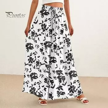 Женские широкие брюки с высокой талией, эластичные брюки-палаццо с принтом и карманами, пояс с завязками, повседневные брюки для отдыха для женщин, путешествия на отдых M зелёный