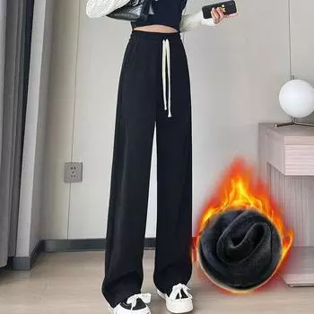Женские широкие брюки с высокой талией и флисовой подкладкой, осенне-зимние свободные трикотажные повседневные прямые брюки-швабры M чёрный