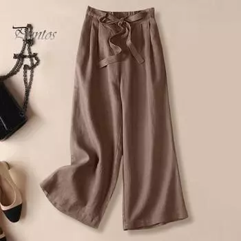 Женские широкие брюки с высокой талией и эластичной талией с галстуком-бабочкой, повседневные однотонные брюки-палаццо с карманами, свободные прямые брюки для работы, путешествий, пляжной вечеринки 3XL чёрный