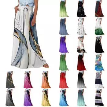 Женские широкие брюки с высокой талией, летние повседневные струящиеся брюки-палаццо, пляжные брюки с принтом и карманом L чёрный