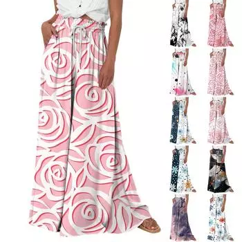 Женские широкие брюки с высокой талией, летние повседневные струящиеся брюки-палаццо, пляжные брюки с цветочным принтом и карманом
