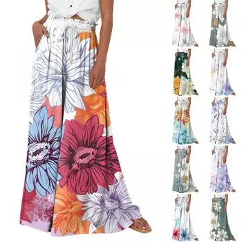 Женские широкие брюки с высокой талией, летние повседневные струящиеся брюки-палаццо, пляжные брюки с цветочным принтом и карманом L синий