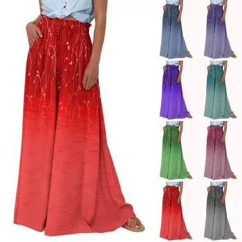 Женские широкие брюки с высокой талией, летние повседневные струящиеся брюки-палаццо, пляжные брюки с цветочным принтом и карманом