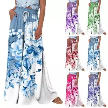 Женские широкие брюки с высокой талией, летние повседневные струящиеся брюки-палаццо, пляжные брюки с цветочным принтом и карманом