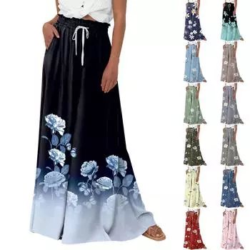 Женские широкие брюки с высокой талией, летние повседневные струящиеся брюки-палаццо, пляжные брюки с цветочным принтом и карманом