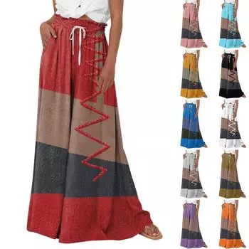 Женские широкие брюки с высокой талией, летние повседневные струящиеся брюки-палаццо, пляжные брюки с цветочным принтом и карманом