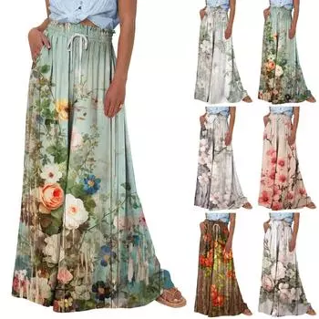 Женские широкие брюки с высокой талией, летние повседневные струящиеся брюки-палаццо, пляжные брюки с цветочным принтом и карманом
