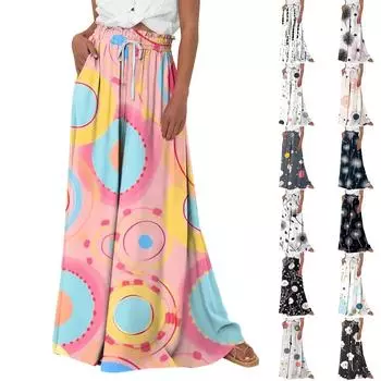 Женские широкие брюки с высокой талией, летние повседневные струящиеся брюки-палаццо, пляжные брюки с цветочным принтом и карманом