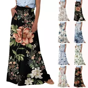Женские широкие брюки с высокой талией, летние повседневные струящиеся брюки-палаццо, пляжные брюки с цветочным принтом и карманом