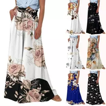 Женские широкие брюки с высокой талией, летние повседневные струящиеся брюки-палаццо, пляжные брюки с цветочным принтом и карманом