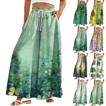 Женские широкие брюки с высокой талией, летние повседневные свободные брюки с карманами, пляжные брюки с принтом ко Дню Святого Патрика XL