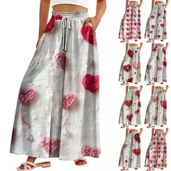 Женские широкие брюки с высокой талией, летние повседневные струящиеся брюки-палаццо, пляжные брюки с цветочным принтом и карманом L розовый
