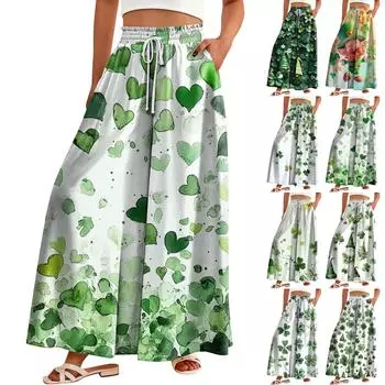 Женские широкие брюки с высокой талией, летние повседневные свободные брюки с карманами, пляжные брюки с принтом ко Дню Святого Патрика S