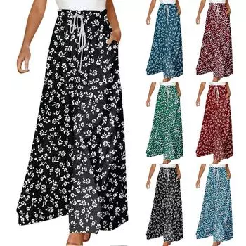 Женские широкие брюки с высокой талией, летние повседневные свободные брюки с карманами, пляжные брюки с принтом L чёрный
