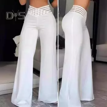 Женские широкие брюки с высокой талией, полые перекрестные пояса, слегка расклешенные брюки, однотонные повседневные длинные брюки, уличная одежда L розы красного