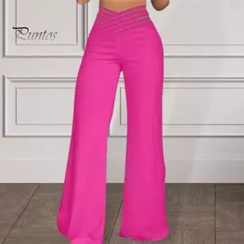 Женские широкие брюки с высокой талией, полые перекрестные пояса, слегка расклешенные брюки, однотонные повседневные длинные брюки, уличная одежда XL чёрный