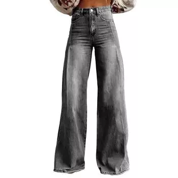 Женские широкие брюки с высокой талией, повседневные брюки с 3D-принтом, карманами, застежкой-молнией на пуговицы, джинсовые брюки S