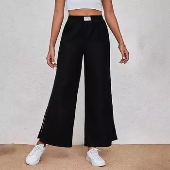 Женские широкие брюки с высокой талией, повседневные, большие размеры, удобные дышащие прямые брюки с разрезом, простые модные свободные черные длинные брюки S чёрный