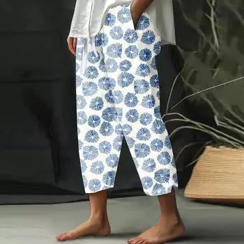 Женские широкие брюки с высокой талией, повседневные брюки с принтом, на шнуровке, с эластичной резинкой на талии, свободные повседневные брюки, укороченные брюки M белый