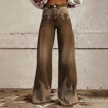 Женские широкие брюки с высокой талией, повседневные брюки с 3D-принтом, карманами, застежкой-молнией на пуговицы, джинсовые брюки S синий/белый