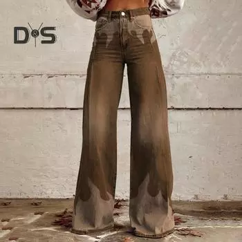 Женские широкие брюки с высокой талией, повседневные брюки с 3D-принтом, карманами, застежкой-молнией на пуговицы, джинсовые брюки S коричневый