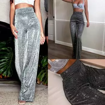 Женские широкие брюки с высокой талией, серебристые, с застежкой-молнией, Прямые, свободные, удобные, модные и элегантные L чёрный