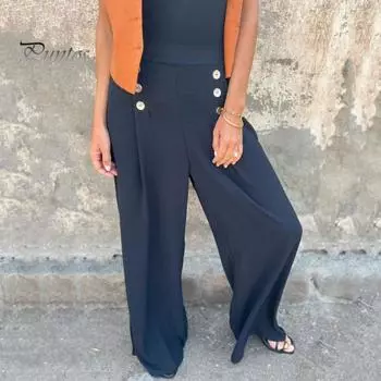 Женские широкие брюки с высокой талией, украшенные пуговицами, повседневные свободные брюки для повседневной носки, путешествий, офиса M хаки