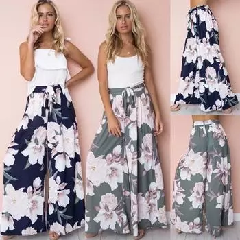 Женские широкие брюки с высокой талией, винтажные брюки с цветочным принтом, повседневные свободные длинные расклешенные брюки XXL синий