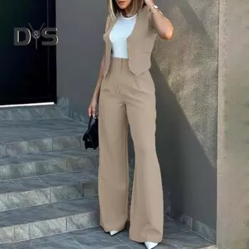 Женские широкие брюки с жилетом без рукавов, однотонный комплект с высокой талией, элегантные женские мешковатые брюки, повседневная уличная одежда M светло-серый