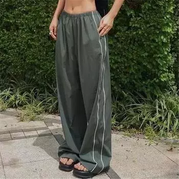 Женские широкие длинные брюки, эластичные повседневные однотонные брюки с высокой талией и завязками по бокам, уличная одежда L розовый