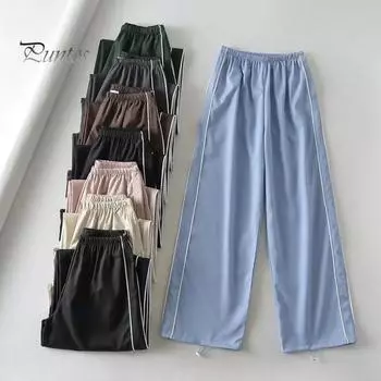 Женские широкие длинные брюки, эластичные повседневные однотонные брюки с высокой талией и завязками по бокам, уличная одежда L розовый