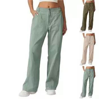 Женские широкие длинные брюки с застежкой-молнией спереди, повседневные брюки-карго с высокой талией, брюки-палаццо из хлопка с карманами M чёрный