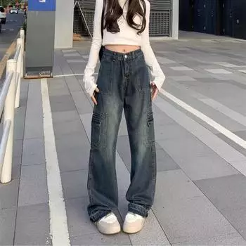 Женские широкие джинсовые брюки в стиле ретро, одежда Y2K, уличная одежда, винтажные джинсы-карго 90-х годов, Harajuku, хип-хоп, панк, гранж, брюки, большие размеры 5XL синий
