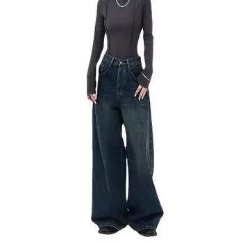 Женские широкие джинсовые брюки, винтажные мешковатые джинсы, длинные брюки большого размера, уличная одежда, прямые базовые повседневные вещи XXXXL темно-синий