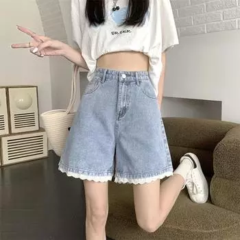 Женские широкие джинсовые шорты, симпатичные кружевные джинсы с высокой талией, брюки-трапеция, большие размеры, корейский стиль, модная одежда 2010 года, лето S синий